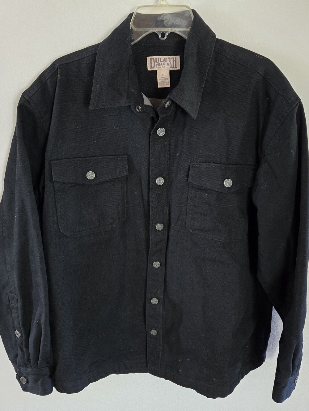 Duluth Trading Co Mens Large Black Denim Flannel lined Snap Front Shirt Jacket